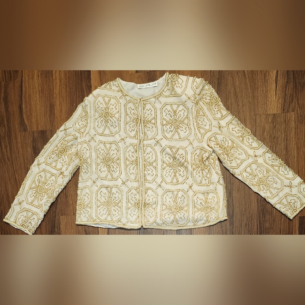 1980's Vintage Womens Sz M Scala 100% Silk Hand Beaded Jacket in Cream & Gold